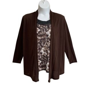 White Stag Cardigan Tank Combo Womens Size 2X Brown Tan Animal Print Open Front